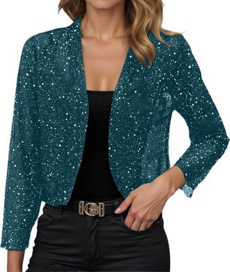 Generic Sequin Jacket Women Sparkly Cardigan Ladies Sparkly Evening Tops Cardigan Jacket Ladies Shiny Open Front Cropped Tops Glitter Party Evening Thin Cockt