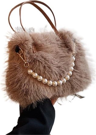 Generic Womens Plush Bags Winter Faux Fur Crossbody Bags For Womens Gift, Pearl Chain Decor Shoulder Bag, Ladies Handbags Top-handel(Coffee)