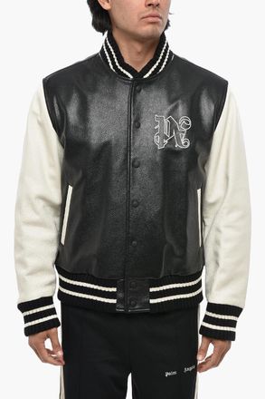 Palm Angels Hammered Leather Two-Tone Varsity Bomber Palm Angels