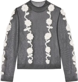 Ganni Mesh top met gehaakte bloemen - Zwart