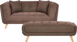 Beliani Sof&aacute; 2 Plazas De Tela Con Otomana Cojines Decorativos Patas De Madera Capiton&eacute; Estilo Retro Marr&oacute;n Oscuro Habo