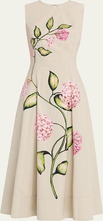 Oscar De La Renta Sleeveless Porcelain Flowers-Print Midi Day Dress