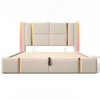 Urban Meuble Cama tapizada en color beige con iluminaci&oacute;n LED integrada
