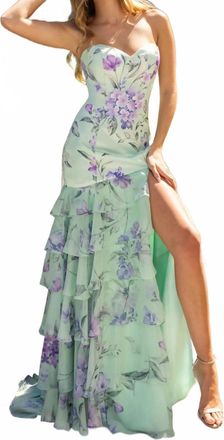Rachel Allan Romantic And Playful Floral Print Prom Dress In Sage Lilac