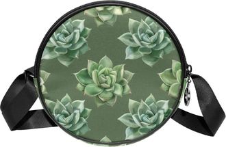 Generic Circle Crossbody Bag for Women, Succulent Cactus Green Small Sling Bag Daypack with Zipper Adjustable Shoulder Straps Casual Ladies Girls Round Purse