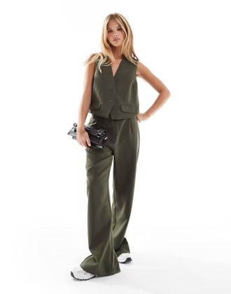 Pieces tailored multiway button leg pants in khaki - part of a set-Green