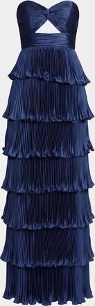 Mac Duggal Ieena Pleated Charmeuse Strapless Tiered Ruffle Gown
