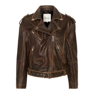 MY ESSENTIAL WARDROBE Bruine Retro Wash Leren Bikerjas - Dames - Leren en Su&egrave;de Jassen - Bruin - L - Leer - Jassen