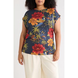 T Tahari Cuff Short Sleeve Ruched T-Shirt in Tropical Bloom Print at Nordstrom Rack, Size 2 X