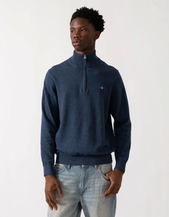 GANT Mens GANT Mens Classic Cotton Half Zip Jumper - 902 Dark Jeansblue Melange - Navy - Size: 40