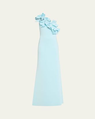 Badgley Mischka One-Shoulder Bow Ruffle Scuba Gown
