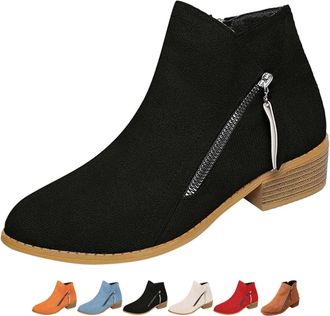 Generic Womens Suede Chunky Heel Walking Ankle Boots with Side Zipper, Wide Fit Pointed Toe Low Heel Shoes Comfortable Non-Slip Walking Boot (7.5,Black)