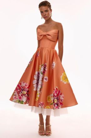 Milla A-Line Satin Floral Print Midi Dress for Cocktail Events in Orange Floral at Nordstrom, Size 6