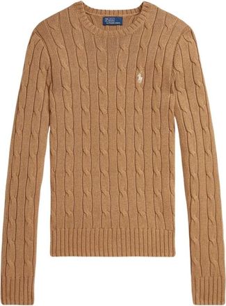 Polo Ralph Lauren Kabelgebreide katoenen trui met ronde hals - Dames - Ronde hals truien - Bruin - XS - Katoen - Truien & Vesten