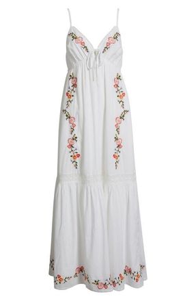 Treasure & Bond Floral Lace Trim Babydoll Maxi Dress in White Multi Emb Floral at Nordstrom, Size Xx-Large