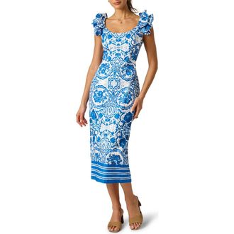 Adrianna Papell Floral Print Column Midi Dress in Blue/White at Nordstrom, Size 16