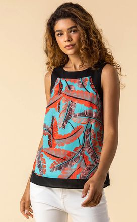 Roman Contrast Trim Leaf Print Top