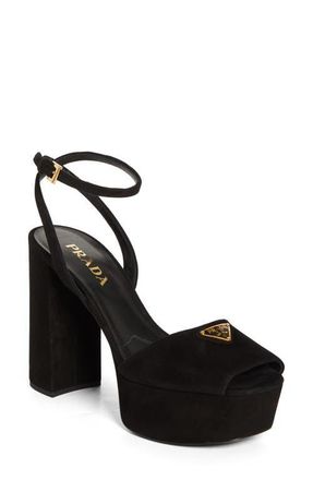Prada Triangle Logo Ankle Strap Plaform Sandal in Nero at Nordstrom, Size 11.5Us