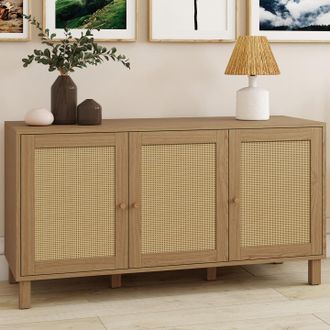 IDMarket Hanae Aparador Bajo Vintage De 3 Puertas 113 Cm Efecto Ca&ntilde;a Natural