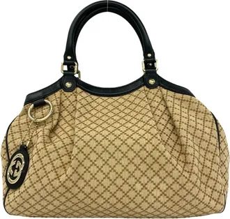 Gucci Beige Black Canvas Leather Handbag Tote Bag (Pre-Owned)