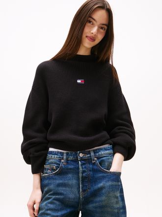 Tommy Jeans Stehkragenpullover TOMMY JEANS TJW MOCKNECK BADGE SWEATER, Damen, Gr. L (40), schwarz, Strick, Obermaterial: 100% Baumwolle, unifarben, regular fit no