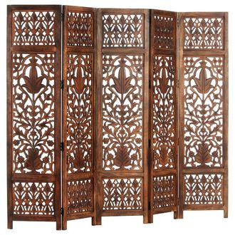 Berkfield Home Hand Carved 5-Panel Room Divider Brown 200x165 cm Solid Mango Wood in Grey