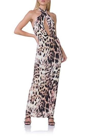 AFRM Genie Leopard Print Halter Neck Jersey Knit Dress in Warm Leopard at Nordstrom Rack, Size Xx-Large