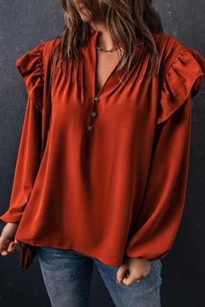 Azura Exchange Verbrande Oranje Lange Mouw V-hals Ruffle Blouse