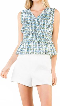 THML Clothing Floral Print Smocked Top In White/ Blue