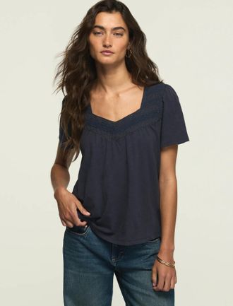 Lucky Brand Womens Embroidered Yoke Tee