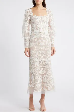 Marchesa Corded Lace Long Sleeve Cocktail Dress in Ivory at Nordstrom, Size 0