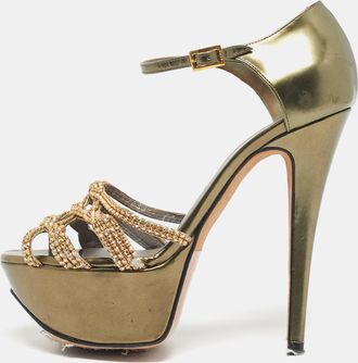 Gina Green Patent Leather Crystal Embellished Ankle Strap Platform Sandals