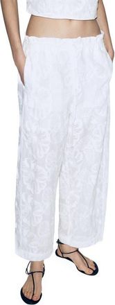 Mango Floral Jacquard Cotton Drawstring Ankle Pants in White at Nordstrom, Size Medium