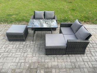Fimous 6 Seater Wicker PE Rattan Garden Dining Set Outdoor Furniture Sofa with Rectangular Dining Table Double Seat Sofa 2 Big Footstool in Dark Grey