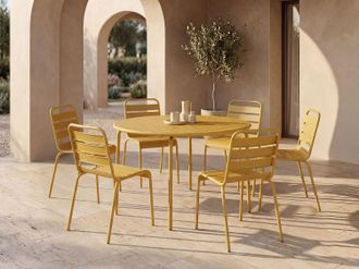 Vente-Unique Sala da pranzo da giardino un tavolo rotondo D.130cm e 6 sedie impilabili in Metallo Giallo senape - MIRMANDE di MYLIA