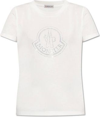 Moncler Tops, Dames, Wit, XS, Leer, T-shirt met logo