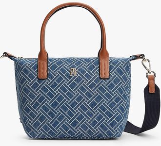 Tommy Hilfiger Womens Allover Flag Print Denim Mini Tote Bag - Blue