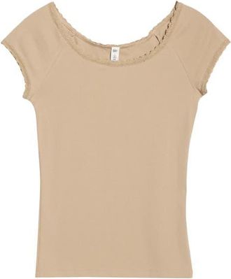 BP. Lace Trim Cotton T-Shirt in Tan Savannah at Nordstrom, Size Xx-Small