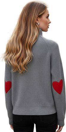 Chicwish Women Comfy Casual Long Sleeve Heart Shape Patched Grey/White/Navy Knit Top Pullover Sweater, Grey, S-M
