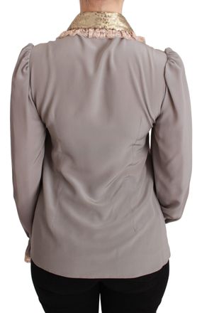 Dolce & Gabbana Womens Silk Gold Sequin Lace-Trim Blouse Gray Elastane