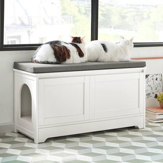 SoBuy Cat-Friendly Entrance Bench - Padded Seat & Hidden Litter Space in White