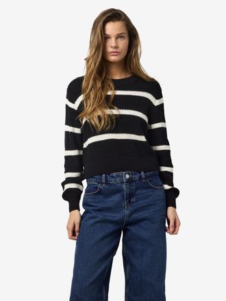 Noisy May Strickpullover NOISY MAY NMMAYSA L/S STRIPE O-NECK KNIT NOOS, Damen, Gr. L, schwarz (schwarz stripes:eggnog), Strick, Obermaterial: 50% Baumwolle, 50%