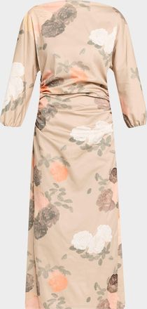 Bernadette Ezra Floral-Print Ruched 3/4-Sleeve Maxi Dress
