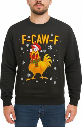 Janisramone F-Caw-F Funny Christmas Jumpers for Men, Long Sleeve Chicken Santa Hat Mens Sweatshirts, Raven Crow Crew Neck Ugly Xmas Jumpers Men, Breathable Party 