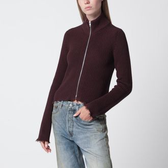 Maison Margiela Cardigan con zip in maglia a coste color cioccolato