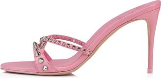 Generic Pink,8.5 UK,High Heel Mules for Women Slip On Open Pointed Toe Stiletto Pumps Formal Studded Slingback Sandals Prom Party Dressy Shoes