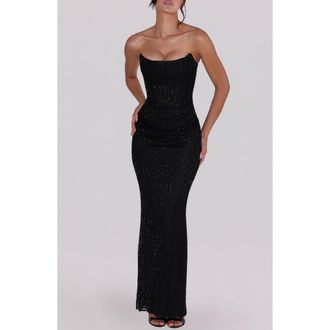 House of CB Alicia Hand Beaded Strapless Mermaid Gown in Black at Nordstrom, Size X-Large