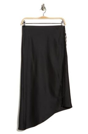 Leith Lace Trim Satin Midi Skirt in Black at Nordstrom Rack, Size X-Large
