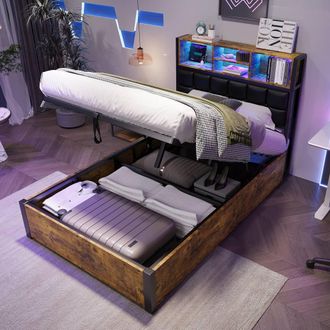 Merax Single Metal Ottoman Bed with LED Storage Headboard & USB Ports in Brown