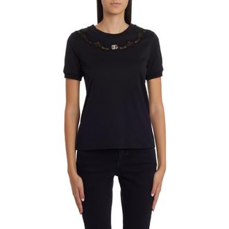 Dolce & Gabbana DG Logo Lace Inset Cotton Blend T-Shirt in Black at Nordstrom, Size 2 Us